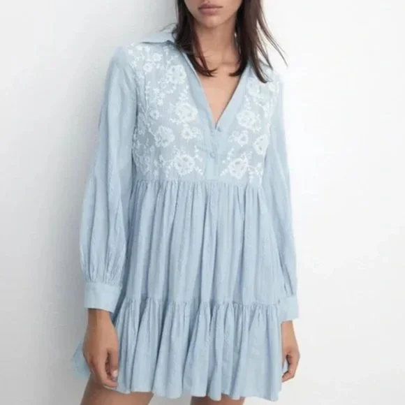 Zara | Dresses | Light Blue With Embroidered White Flowers Short Dress |  Poshmark